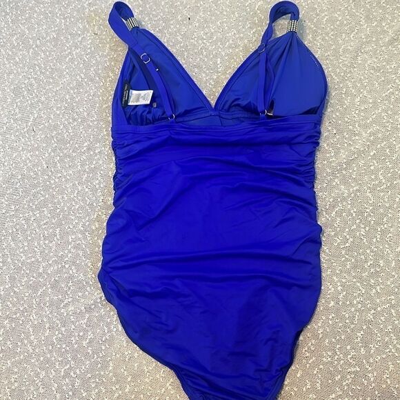 CARMEN MARC VALVO Bright Blue One Piece Swimsuit Deep V Ruched Slimming 12 - Picture 2 of 10